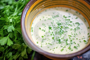 close-up of bisque with parsley flakes on surface