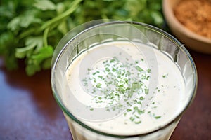 close-up of bisque with parsley flakes on surface