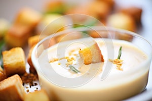 close-up on bisque texture with croutons on top