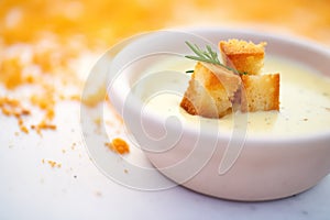 close-up on bisque texture with croutons on top