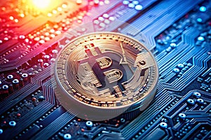 Close-Up of Bitcoin Coin on Detailed Circuit Board photo