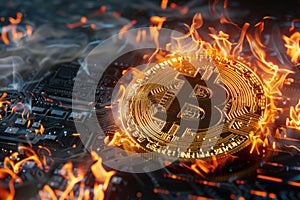 A close up of a bitcoin on a computer motherboard that is on fire