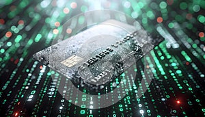 Close-Up of Bitcoin Cryptocurrency Chip on Circuit Board with Digital Data and Green Binary Code Background