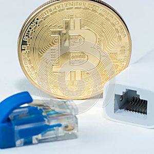 Close up of Bitcoin money mining connect Internet Network.