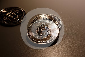 Close up bitcoins and reflection of light