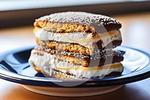 close-up of a bitten vanilla ice cream sandwich on a ceramic plate