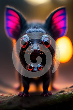 A close up of a black animal with pink and purple ears- Ai Generated photo