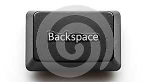 Close-up of a black Backspace key button on a white background.