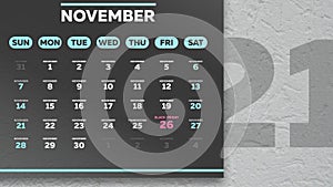 Close-up of a black beautiful November page of the wall calendar 2021 with a marking Black Friday date