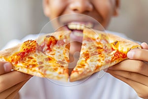 Close up of a black boy holding a slice of pizza in his hands