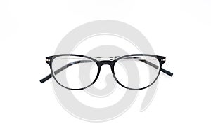 Close up black business glasses isolated on white