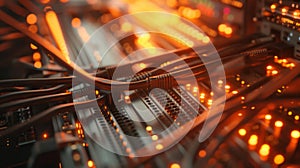 Close-up of Black Cables and Orange Lights on a Server Motherboard