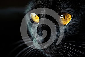 A close-up of a black cat with glowing yellow eyes against a dark background