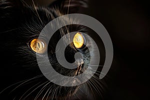 A close-up of a black cat with glowing yellow eyes against a dark background