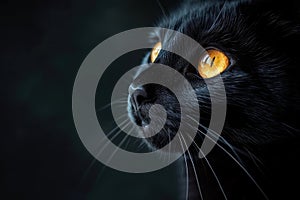 A close-up of a black cat with glowing yellow eyes against a dark background