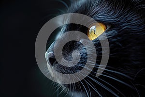 A close-up of a black cat with glowing yellow eyes against a dark background