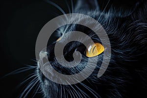 A close-up of a black cat with glowing yellow eyes against a dark background