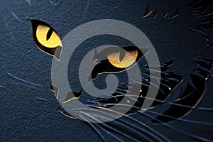 A close-up of a black cat with glowing yellow eyes against a dark background