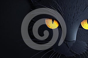 A close-up of a black cat with glowing yellow eyes against a dark background