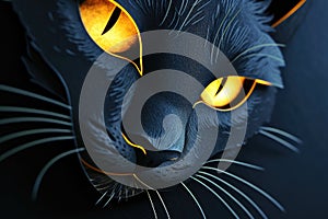 A close-up of a black cat with glowing yellow eyes against a dark background