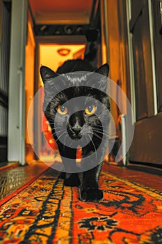 Close up of a Black Cat with Piercing Yellow Eyes Walking on an Orange Patterned Rug in a Home Corridor