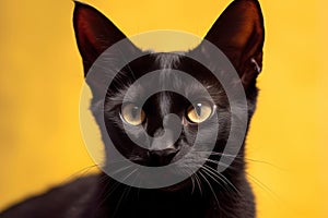 a close up of a black cat with yellow eyes