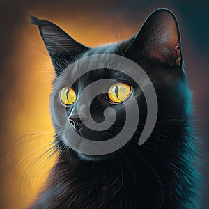 Close up of black cat with yellow eyes, created using generative ai technology