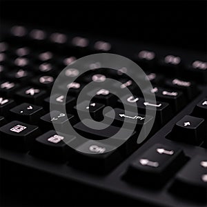 Close-up of a black computer keyboard featuring highlighted backlit keys. The keys have a standard
