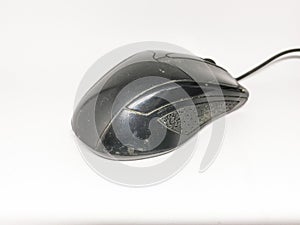 Close up black computer mouse with usb cable isolated on white background