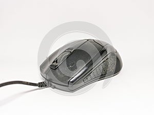 Close up black computer mouse with usb cable isolated on white background