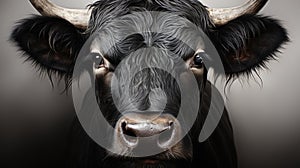 A close up of a black cow with horns. Generative AI image.