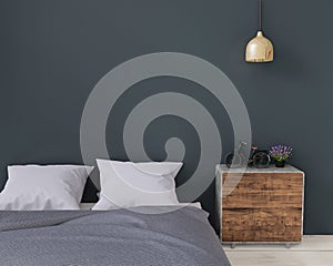 Close up black and dark green modern bedroom with sideboard and lamp, mock up, copy space