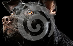 A close up of a black dog's face. Generative AI image.