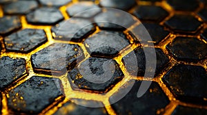 A close up of a black and gold hexagonal pattern