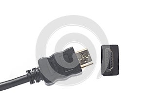 Closeup HDMI cable presented connector white background