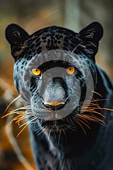 Close up of black leopard with yellow eyes. Generative AI