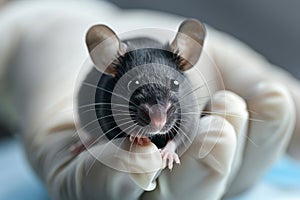 Close-up of a Black Mouse Held in Human Hands, Showcasing Intricate Details and Whiskers