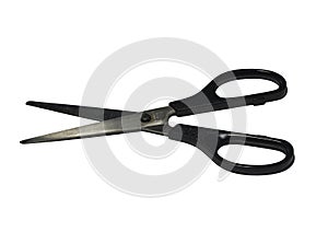 Close up black office scissors isolated on white with shadow