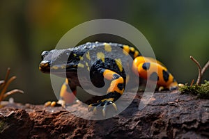 Close-up of a black and orange frog sitting on a stone in the forest