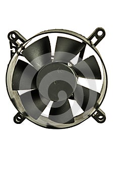 Close up of a black plastic exhaust fan, in a white background