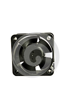 Close up of a black plastic exhaust fan, in a white background