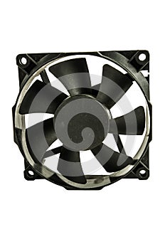 Close up of a black plastic exhaust fan, in a white background