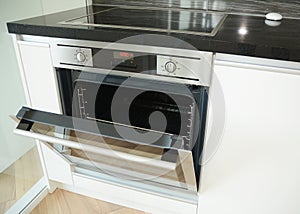 A close-up on a black radiant electric cooktop  electric ceramic glass top stove with a built-in electric stove integrated in a