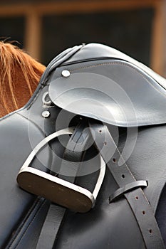 Close up of black saddle on horse back