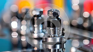 A close-up of a black and silver bolt on a black base.