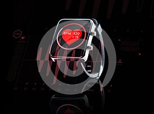 Close up of black smart watch with heart beat icon