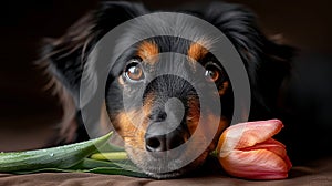 Close-up of black and tan dog with pink tulip. Portrait pet lovers, spring freshness