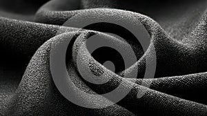 Close-up of black textured fabric twisted in elegant pattern for background