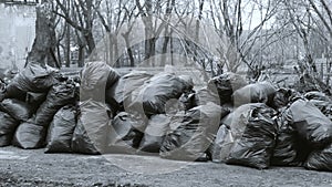 Close-up of black trash bags piled up In the city against house. Black and white.