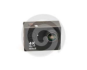Close-up black Ultra HD, 4K action camera isolated